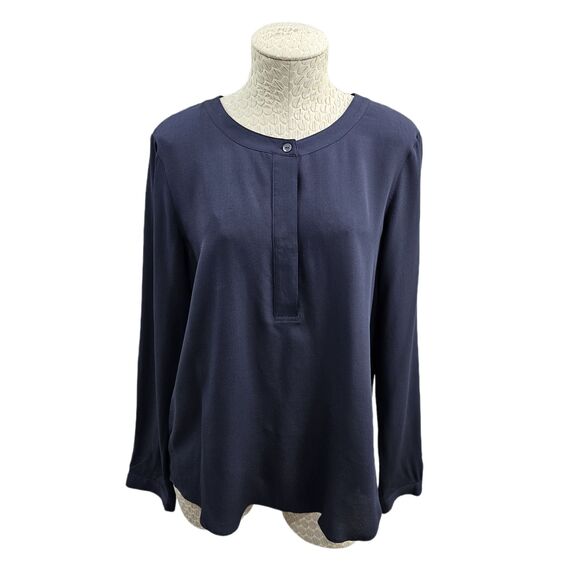 GC Women's L Theory Saleya Mavis Silk Crepe Blouse in Navy LS Hi-Lo Top Shirt - Picture 1 of 10